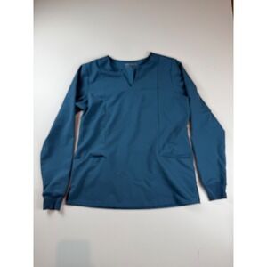 Mandala Womens Teal Blue Equa-Tek Long Sleeve Scrub Top Notch Neck Small